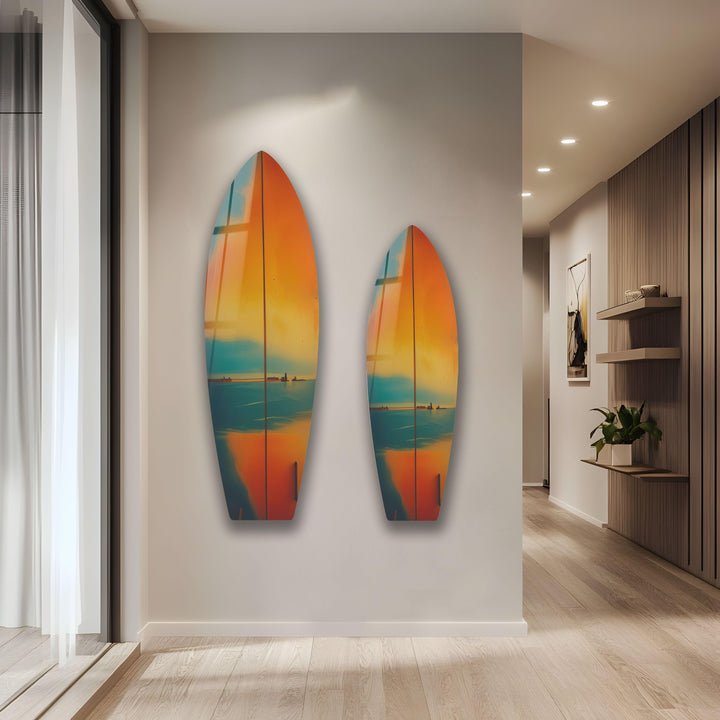 Sonnenuntergang Surfbrett Wandkunst – Ein atemberaubendes Ozean Sonnenuntergang Dekor
