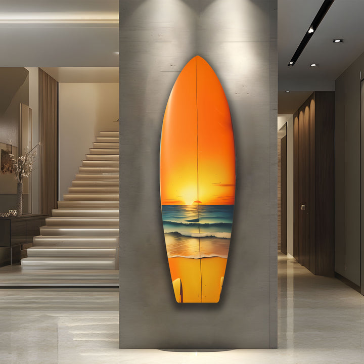 Golden Sunset Surfboard Wandkunst – Küstenstrand Dekor