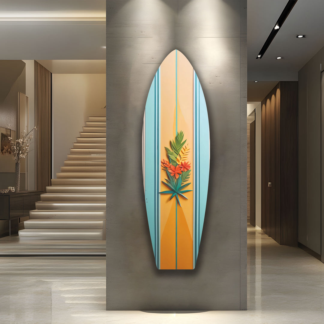 Orange und Blau Botanische Surfbrett Wandkunst