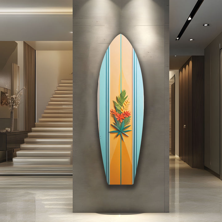 Orange und Blau Botanische Surfbrett Wandkunst