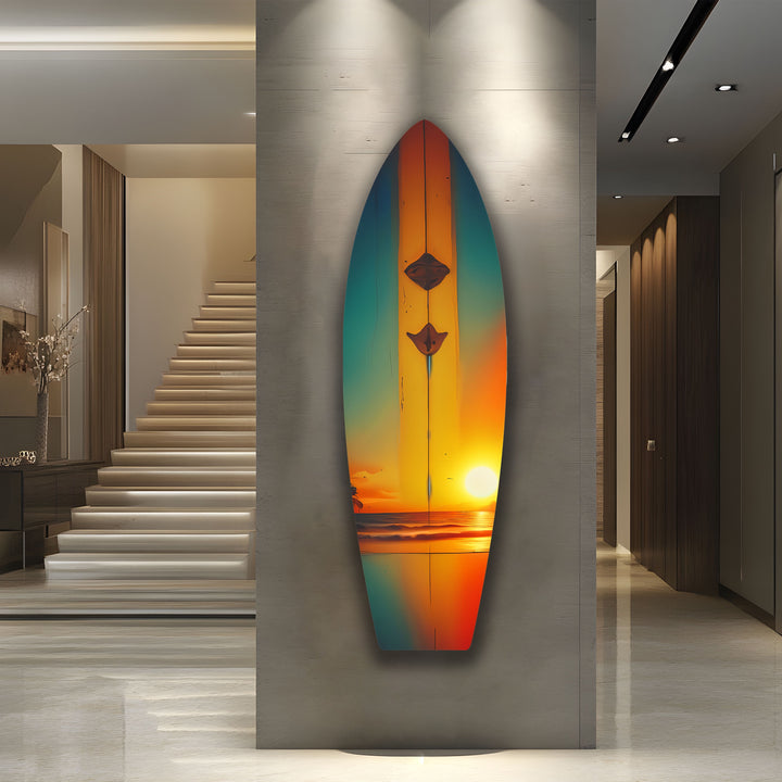 Tropischer Sonnenuntergang Surfbrett Wandkunst – Ozean Sonnenuntergang Strand Dekor