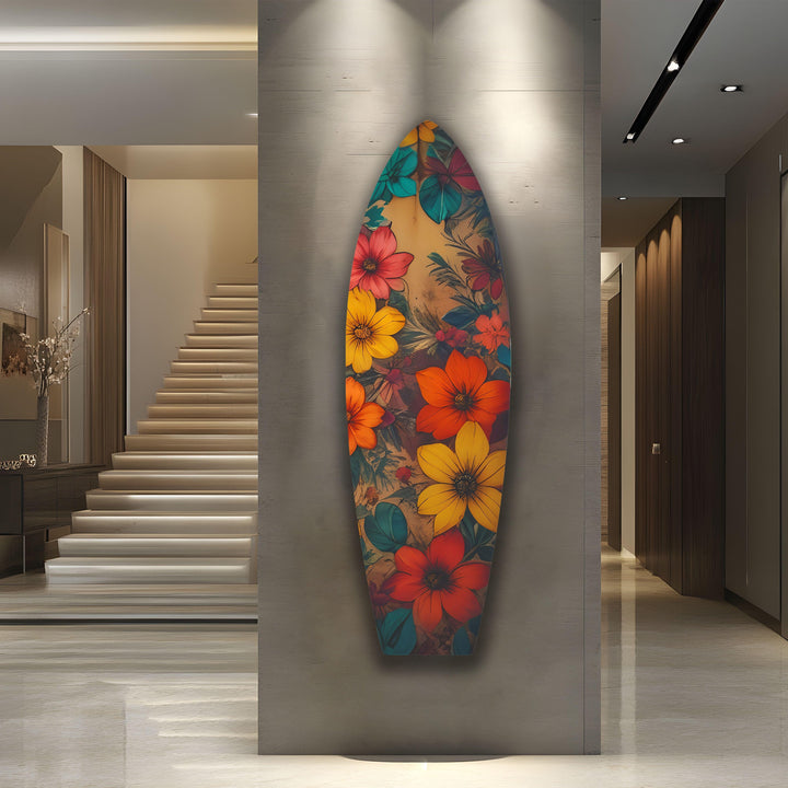 Gelb-rote Vintage-Blumen-Surfbrett-Wandkunst