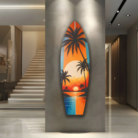 SurfBoard with tropical sunset design vibrant colors and beach decor is cool coastal wall art for a relaxing space and a breathtaking ocean view
