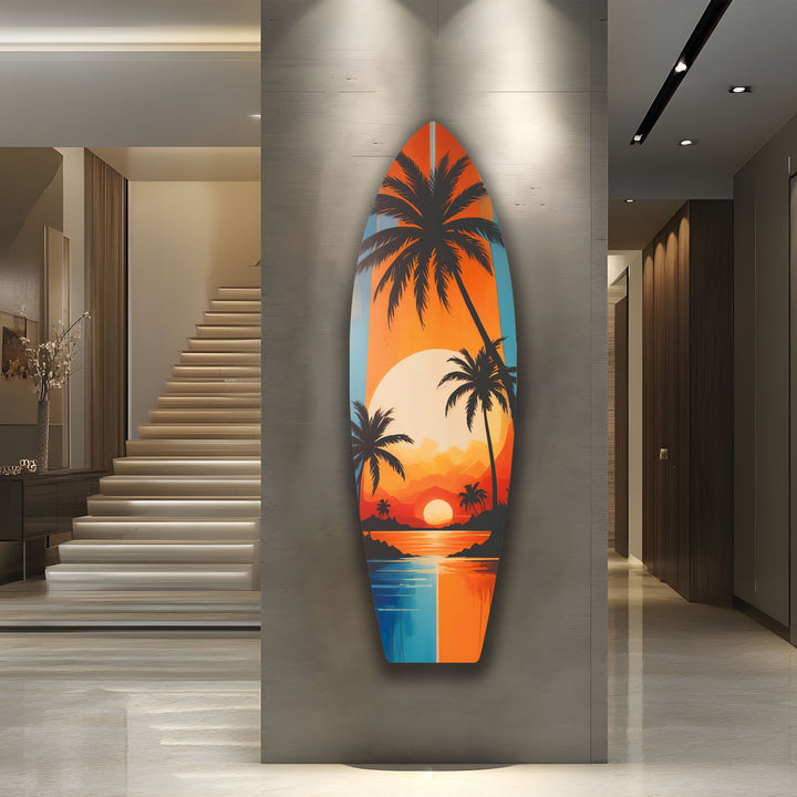 Tropischer Sonnenuntergang Surfbrett Wandkunst – Lebendiges Küstenstranddekor