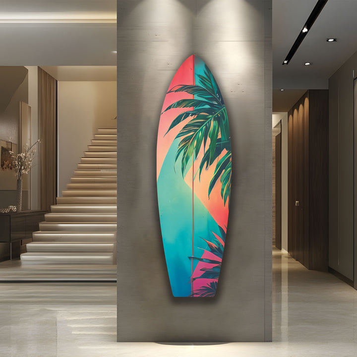 Rosa-blaue Palmblatt-Surfbrett-Wandkunst