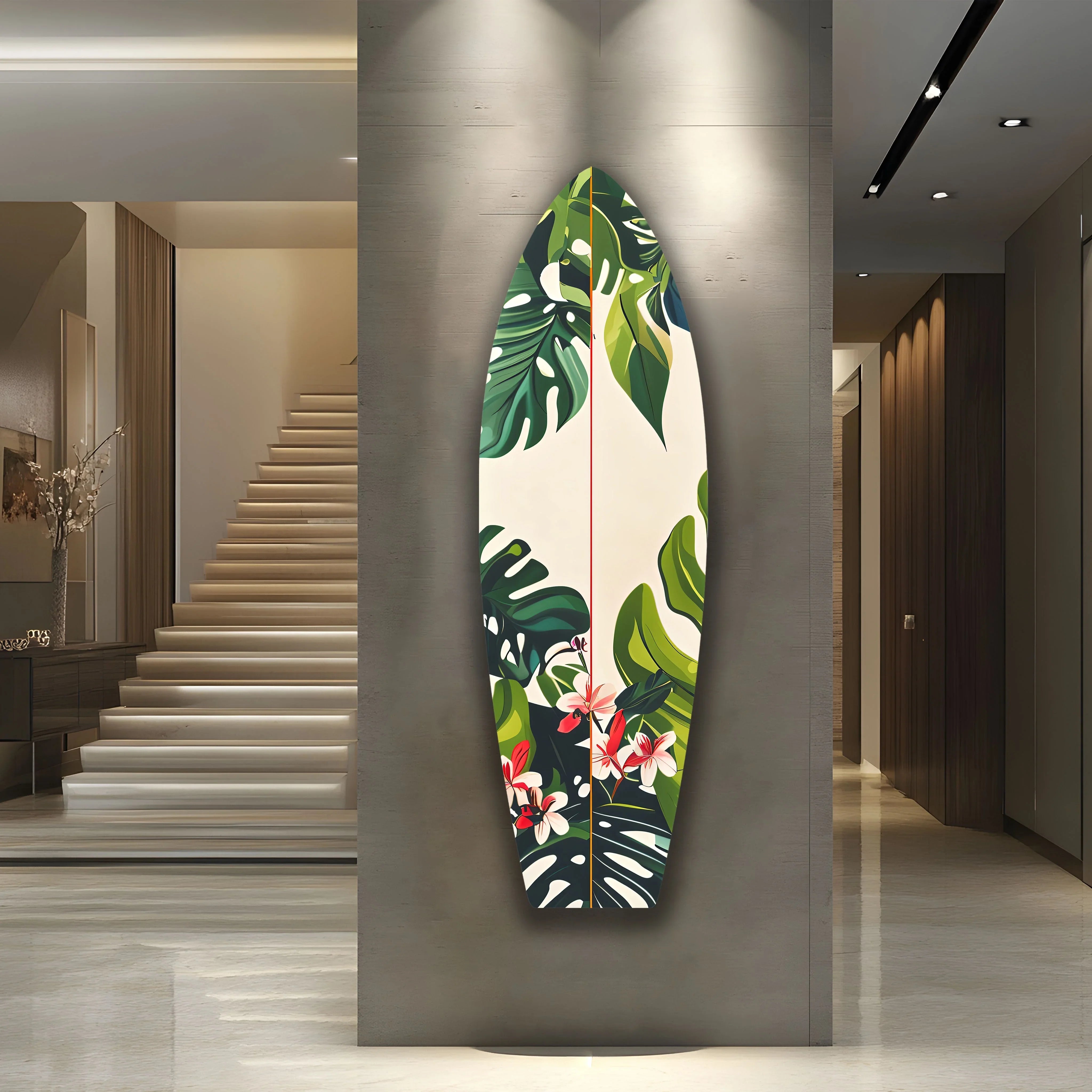Green Palm Leaf Surfboard – Tropical Glass Wall Art – MyPhotoStation