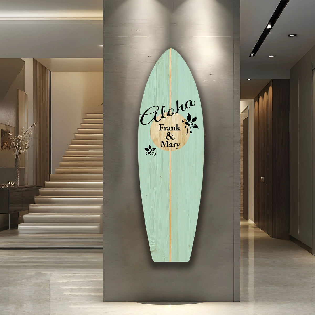 Negative space surrounds a personalized surfboard, a compelling example of glass pictures prints, creating visually striking custom wall art.