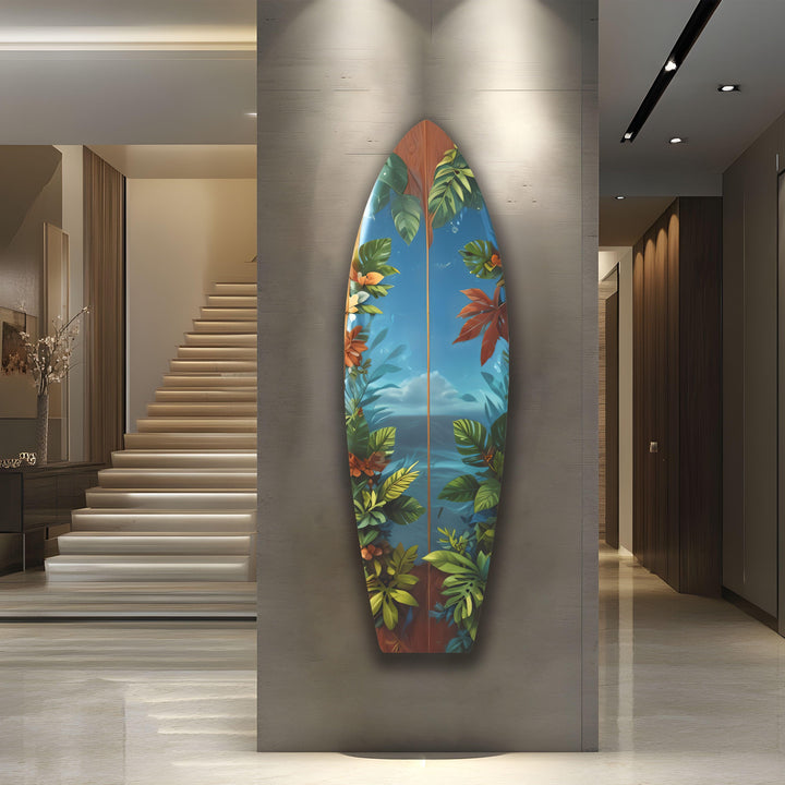 Tropische Dschungel-Surfbrett-Wandkunst – Exotisches Küstendekor