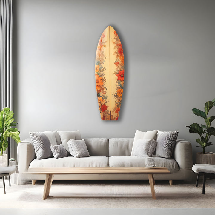 Beige tropische Blumen Surfbrett Wandkunst