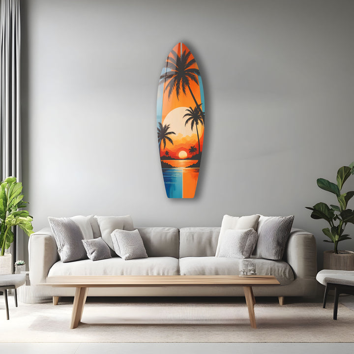 Tropischer Sonnenuntergang Surfbrett Wandkunst – Lebendiges Küstenstranddekor