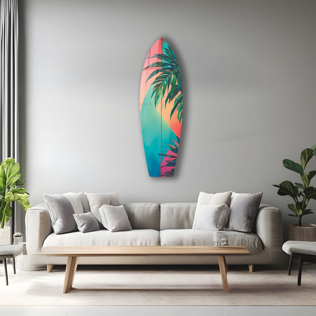 Rosa-blaue Palmblatt-Surfbrett-Wandkunst