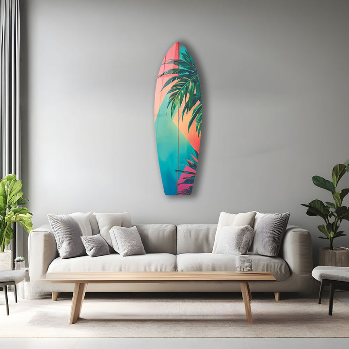 Rosa-blaue Palmblatt-Surfbrett-Wandkunst