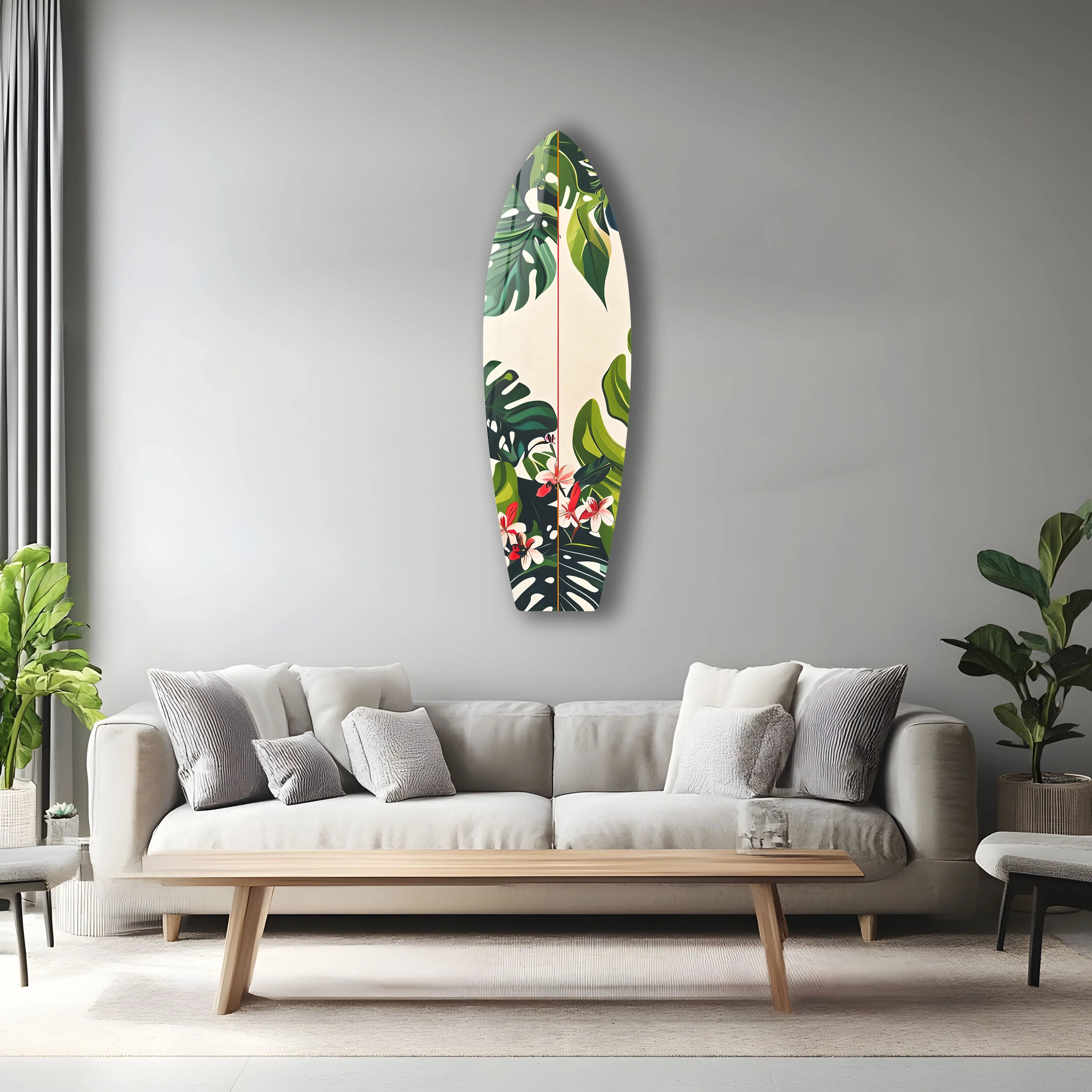 Green Palm Leaf Surfboard – Tropical Glass Wall Art – MyPhotoStation
