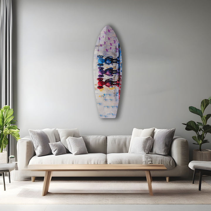 Abstrakte Surfbrett-Wandkunst – Farbenfrohe moderne Kunst auf einem Surfbrett
