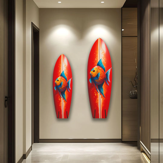 Vibrant red surfboard wall art transitions to fiery orange and electric blue with a leaping fish, adding dynamic home decor.