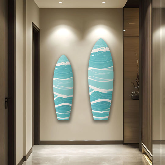 SurfBoard with blue wave design and coastal decor is surfboard wall art and coastal wall art for ocean themed decoration and beach house style