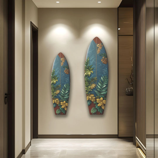 Intricate surface texture defines this botanical leafs surfboard wall art, a glass wall art decor that features a blend of floral and tropical elements.