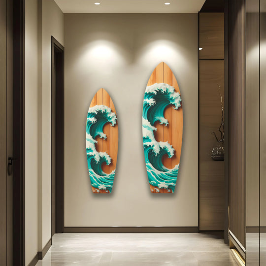 Curving, organic forms define these wooden surfboard art pieces, featuring dynamic ocean wave designs, crafted as captivating print wall art.