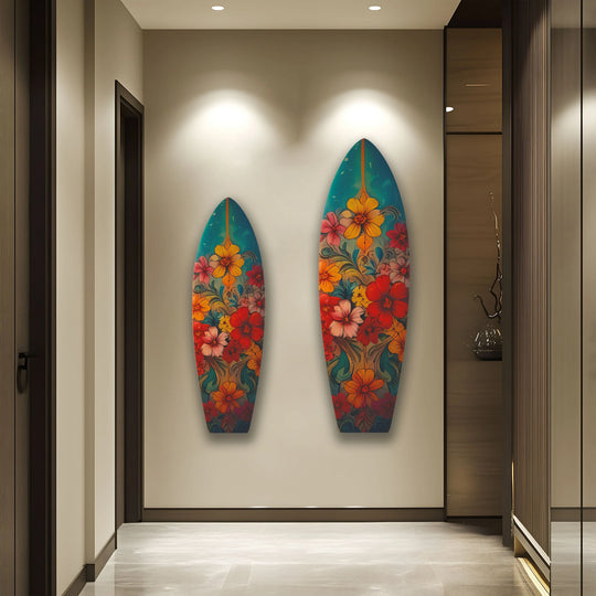 Vibrant color contrast highlights the floral patterns of this surfboard-shaped glass art painting, making it a striking and unique piece of wall art.