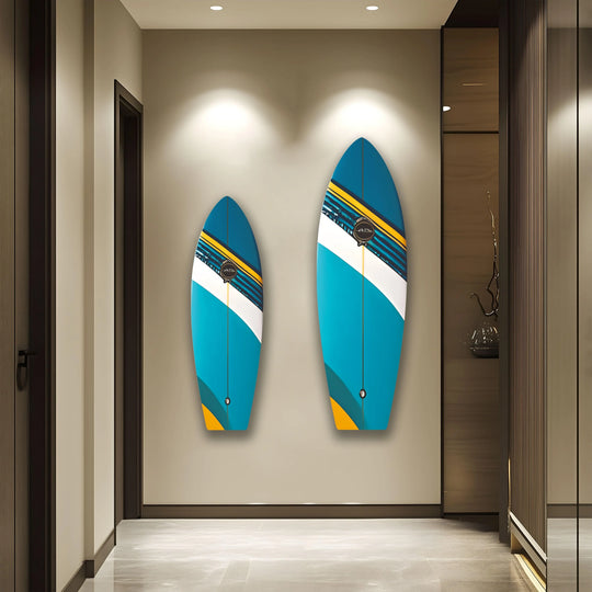 Featuring a sleek finish, this blue surfboard wall art offers a unique and decorative touch, resembling glass wall artwork that elevates any space.