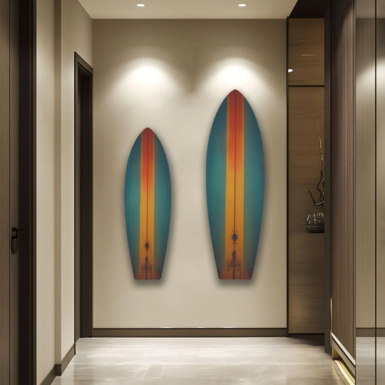 Finished with a sleek, semi-gloss sheen, this brown and green surfboard glass wall art decor brings a modern, ocean-inspired aesthetic to any interior space.