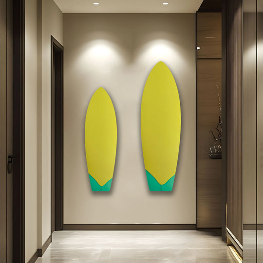Highlighting the realistic detail, this showcases olive surfboard wall art, offering a unique metal wall art style, complementing contemporary spaces.