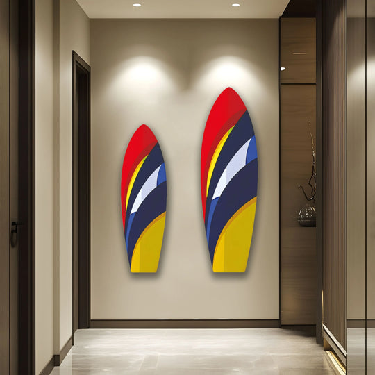 Dynamic surfboard art evokes a sense of swift motion through vibrant colors and bold lines, showcasing stunning glass printing techniques.