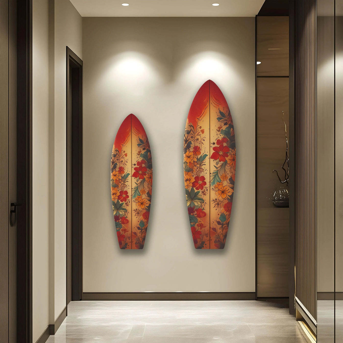 The beauty vintage flowers surfboard wall art is displayed as a central subject, creating a unique tempered glass wall art decor with surfboard-inspired design and floral charm.