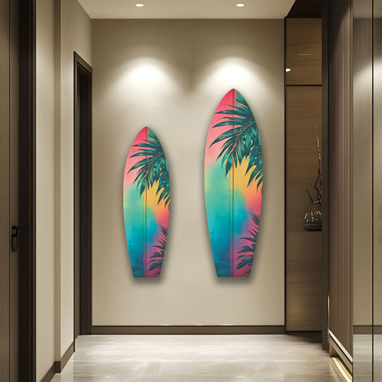 SurfBoard with palm tree decor bright colors and tropical design is a surfboard wall art decor pick