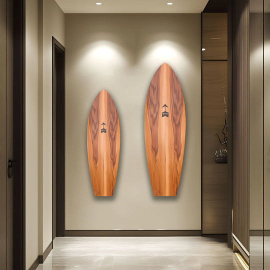 Inviting mood created by the brown wooden surfboard wall art, a distinctive piece of glass art that brings a touch of coastal charm to this modern space.