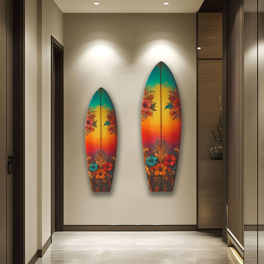 Realistically detailed, the red vintage botanical surfboard glass art painting features vibrant floral prints that bring a unique coastal charm to this modern hallway decor.