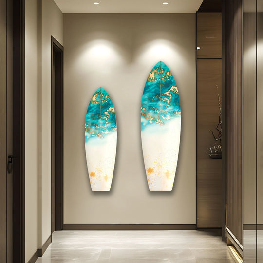 SurfBoard with blue and gold abstract details and surf theme Elegant Decor plus Surfboard Wall Art makes a vibrant statement and modern accent