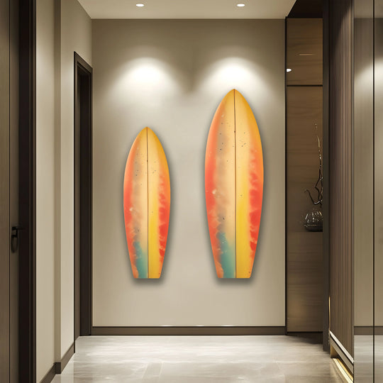 Abstract glass wall art featuring two colorful surfboards in soft pastel hues, perfect as decorative wall art.