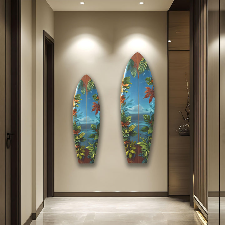 Tropische Dschungel-Surfbrett-Wandkunst – Exotisches Küstendekor