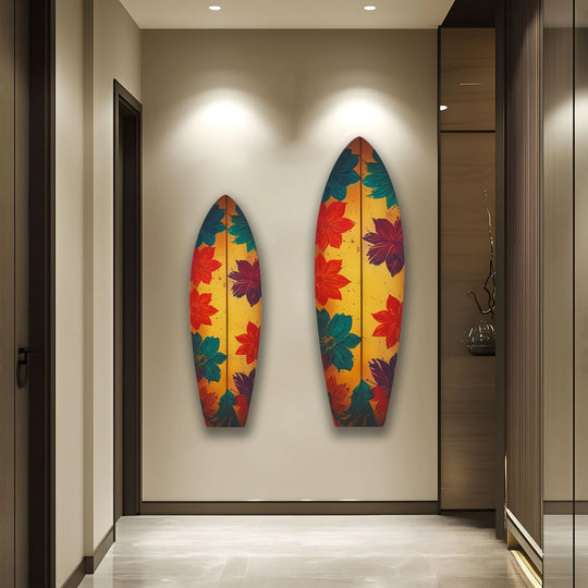 Subtle light and shadow play across the blue red vintage flower surfboard wall art, enhancing the art from glass floral design and highlighting its texture.
