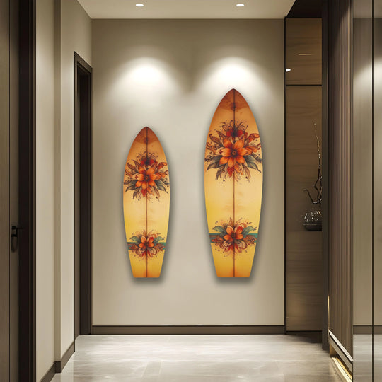 The stillness of the room is accentuated by the Vintage Botanical Surfboard Wall Art, bringing a sense of home decoration to the floral wall art.