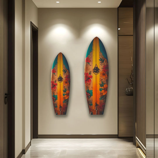 Alternating surfboard sizes with botanical vintage themes establish an alluring visual rhythm in this stunning tempered glass wall art display.