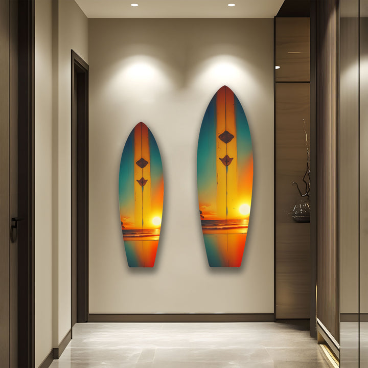 Tropischer Sonnenuntergang Surfbrett Wandkunst – Ozean Sonnenuntergang Strand Dekor