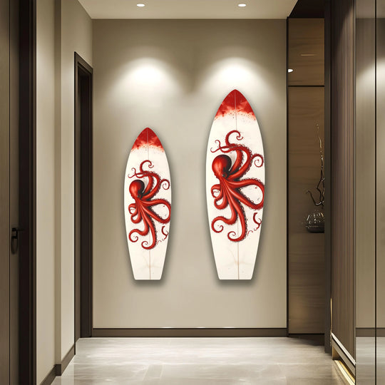 Swirling red octopus tentacles dynamically wrap around two white surfboards, creating a sense of fluid movement in this striking glass wall art.