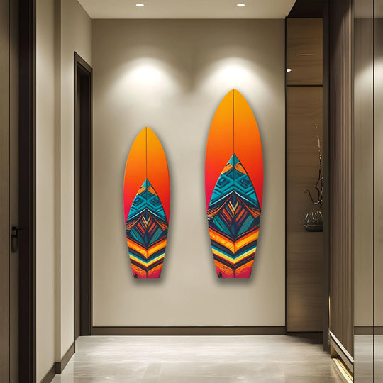 Embrace the expansive emptiness surrounding vibrant blue and orange surfboard wall art prints.