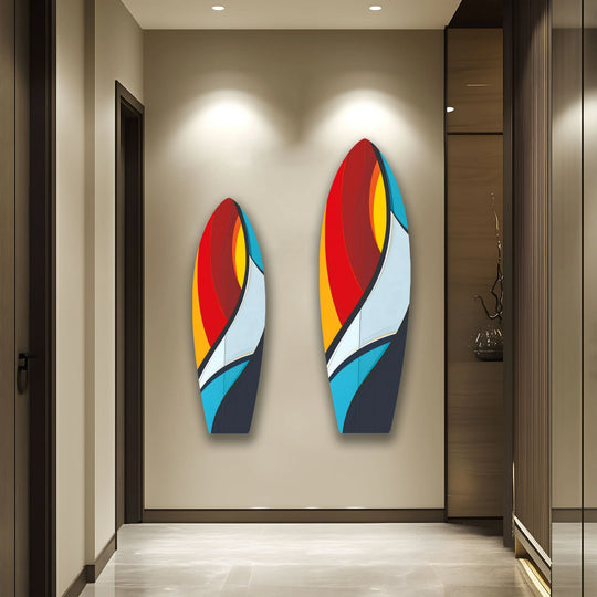 Bright light illuminates the vibrant red, blue, and yellow abstract surfboard glass wall art, a striking piece of home decor.