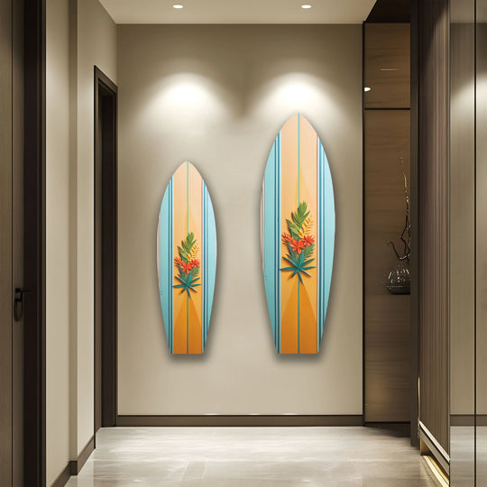 Dominant orange and blue surfboard glass art with botanical motifs and a tropical vibe.