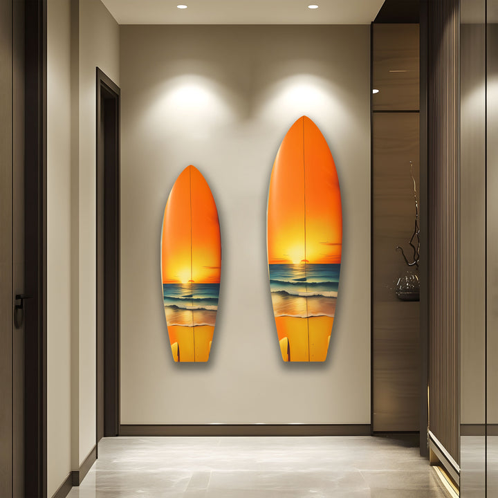 Golden Sunset Surfboard Wandkunst – Küstenstrand Dekor