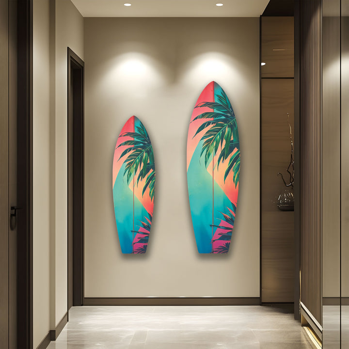 Rosa-blaue Palmblatt-Surfbrett-Wandkunst