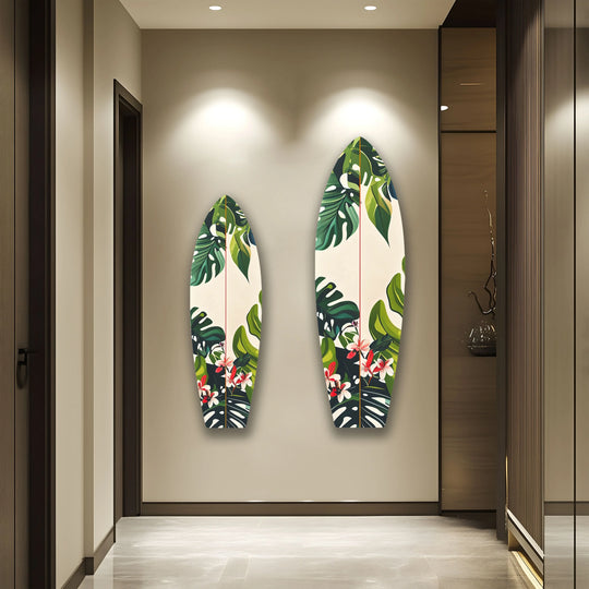 SurfBoard wall art with palm leaf motif and tropical design and Green Palm Leaf Surfboard is tropical botanical wall art ideal for modern interiors