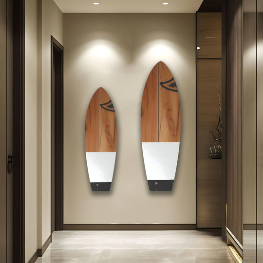 Illuminated by spotlights, wood surfboard print wall art creates contrasting shadows and highlights, emphasizing its wood grain and white accents.