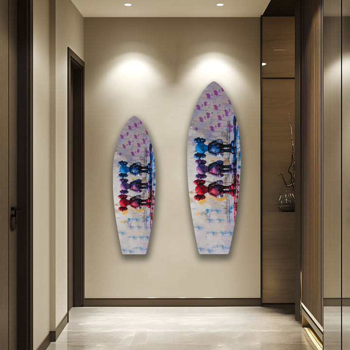 Abstrakte Surfbrett-Wandkunst – Farbenfrohe moderne Kunst auf einem Surfbrett