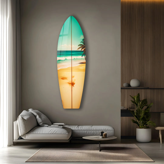 Surfboard wall art featuring a beach scene and tropical decor plus ocean theme and coastal wall art