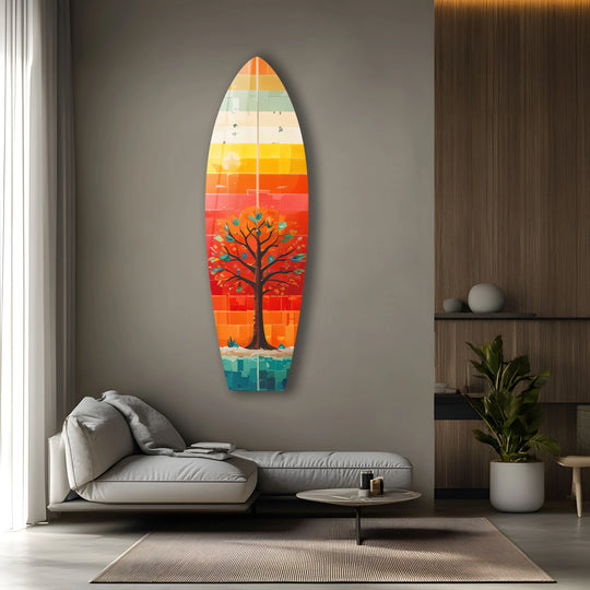 SurfBoard with stained tree art bright orange color scheme and unique decor is surfboard wall art plus vivid stained glass detail