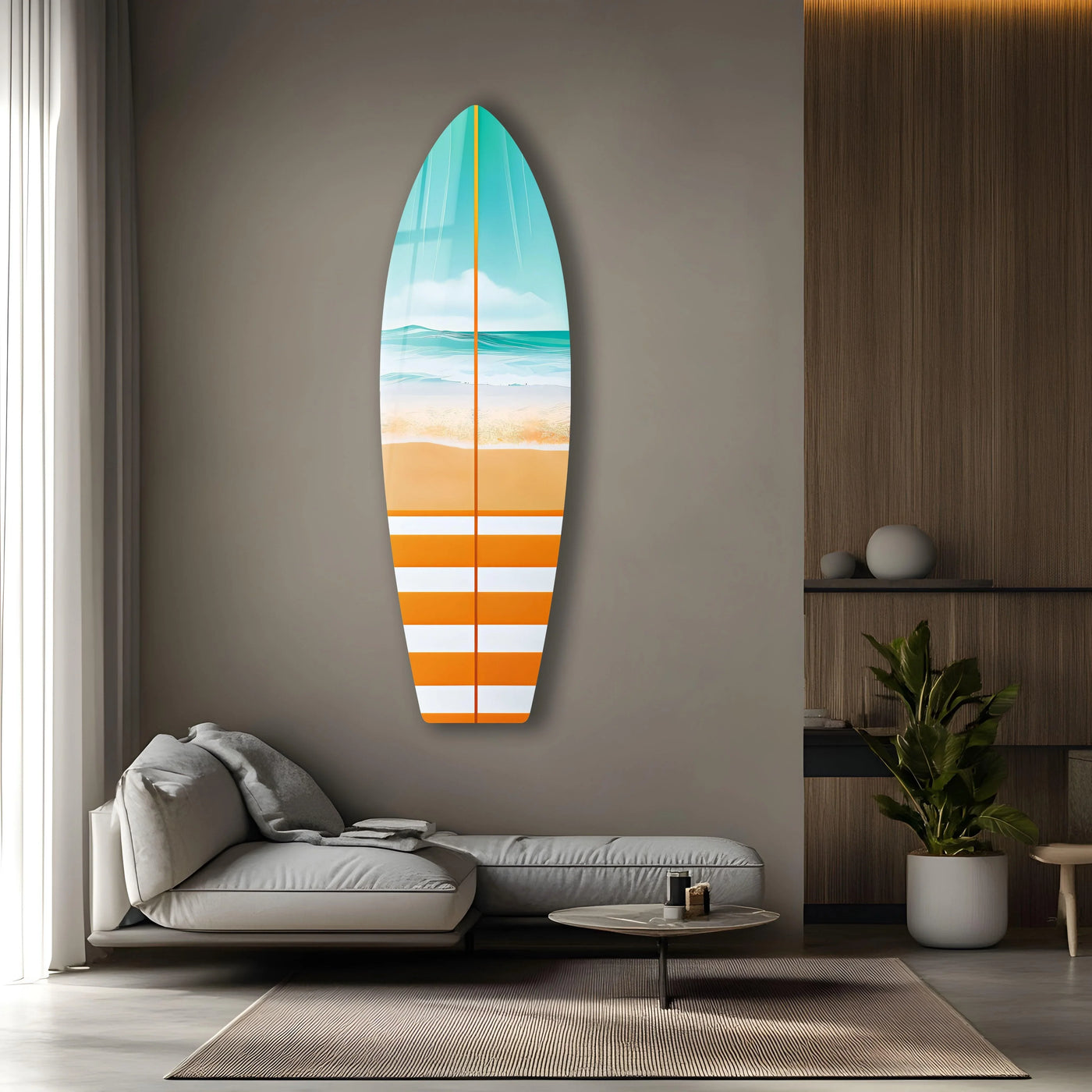 Smooth, reflective finish on beauty sun and sea wave surfboard tempered glass wall art enhances the coastal design.